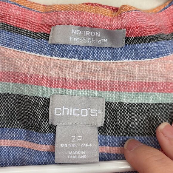 Chico's Women No-Iron FreshChic 100% Linen Striped rainbow colorful Tunic 12/14P - Picture 8 of 11